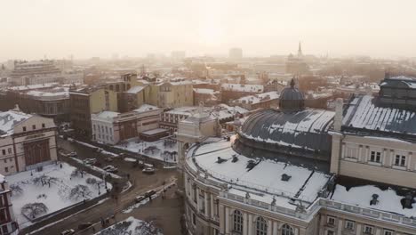 Cinematic-aerial-footage-of-opera-and-ballet-theatre-during-sunny-winter-day