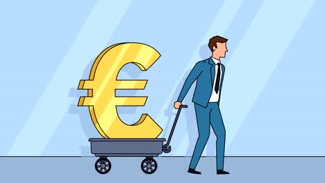 Flache-Zeichentrickfigur-Geschäftsmann-zieht-Wagen-mit-Euro-Zeigegeld-Konzept-Animation-mit-Alpha-matt