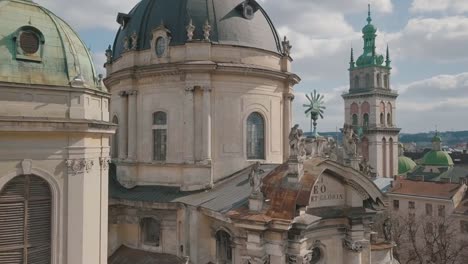 Aerial-City-Lviv,-Ukraine.-European-City.-Popular-areas-of-the-city.-Dominican