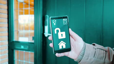 Smart-Home-app-en-el-teléfono-móvil-abre-la-cerradura-de-la-puerta-de-forma-inalámbrica