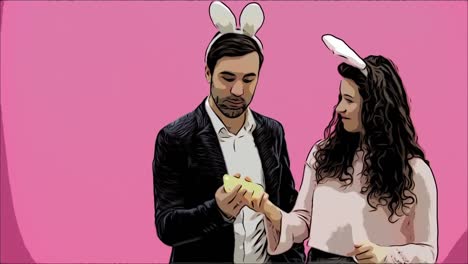 Young-lovers-couple-on-pink-background.-With-hungry-ears-on-the-head.-During-this-Easter-photo,-I-made-sephi-on-my-phone-and-looked-at-them-laughing.-Easter-.Animation.