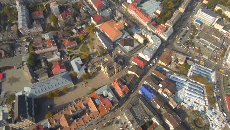 The-historic-center-of-Ivano-Frankivsk-city,-Ukraine,-with-city-hall-building.