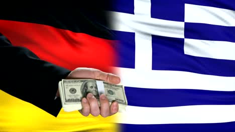 Germany-and-Greece-officials-exchanging-tank-for-money,-flag-background,-army