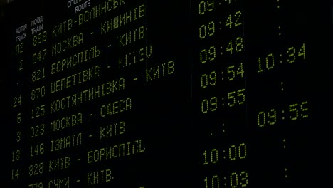 Zugfahrpläne-Abfahrt-elektronische-digitale-Bildschirmtafel-in-Kiew-Fahrplan-in-Echtzeit,-Ukraina.