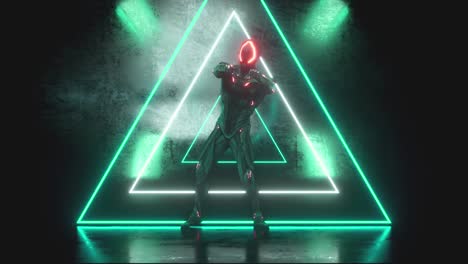 Robot-alienígena-bailando-sobre-un-fondo-de-metal-con-brillantes-luces-de-neón.-El-concepto-de-alegría-y-victoria.-Renderizado-3D-de-bucle-sin-costuras