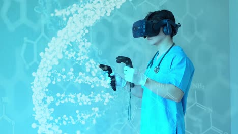 Doctor-usa-gafas-de-realidad-virtual-holograma-de-ADN-3D,-investigación-de-cuidado-de-la-salud-de-la-tecnología-AR.-Futura-tecnología-digital-de-fondo-futurista.