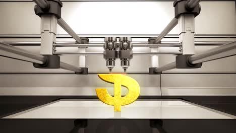 3D-Drucker-machen-Dollar-Geld-gold-Währung-zu-unterzeichnen,-3D-Scanner