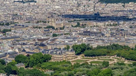 Top-view-of-Paris-skyline-from-observation-deck-of-Montparnasse-tower-timelapse.-Main-landmarks-of-european-megapolis.-Paris,-France