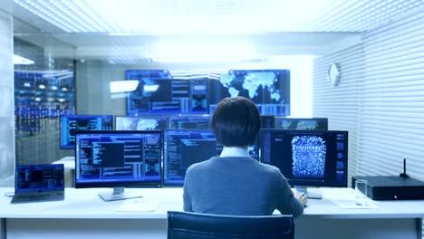 Back-View-of-the-IT-Engineer-Working-with-Multiple-Monitors-Showing-Graphics,-Functional-Neural-Network.-He-Works-in-a-Technologically-Advanced-System-Control-Data-Center.