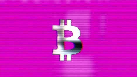 Abstrakte-Animation-von-Bitcoin-Währungszeichen.-Krypto-Währung-Bitcoin.-Globale-Internet-weltweit.-lila-Hintergrund.-TV-Lärm