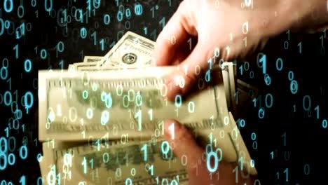 FINTECH-concept-video.-Double-exposure-of-hands-counting-US-Dollar-banknotes-and-abstract-binary-code-background,-Representing-the-cryptocurrency-or-digital-money.