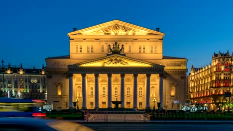 Moscow-city-skyline-night-timelapse-at-The-Bolshoi-Theatre,-Moscow-Russia-4K-Time-Lapse