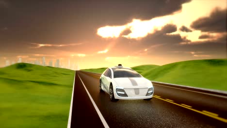 Electric-autonomous-car-driving-on-a-road