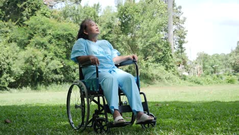 Lonely-disabled-elderly-woman-sitting-on-wheelchair-alone-in-the-park