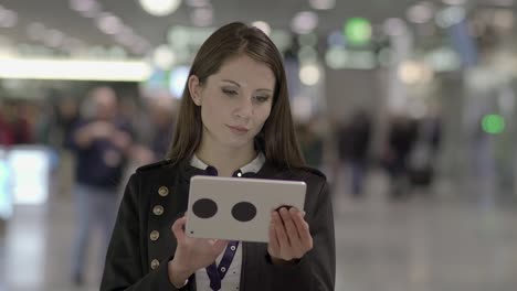 Cheerful-young-Caucasian-woman-surfing-the-internet-on-a-digital-tablet