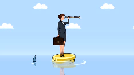 Flat-cartoon-businesswoman-character-with-case-bag-and-looks-through-spyglass-floating--near-sharks-on-dollar-coins-animation