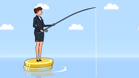 Flat-cartoon-businesswoman-character-fisher-with-fishing-rod-floating-on-dollar-coins-finance-businesss-concept-animation