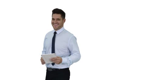 Happy-businessman-walking-in-using-tablet-turning-on-something-or-opening-something-on-white-background