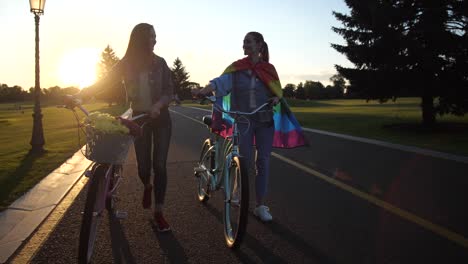 Joven-pareja-del-mismo-sexo-caminando-con-bicicletas-al-aire-libre