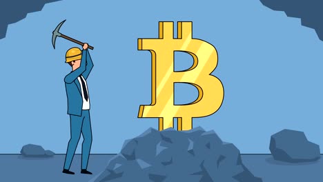 Wohnung-Cartoon-Geschäftsmann-Bergmann-Charakter-arbeiten-mit-Pickaxe-Business-Bitcoin-Mining-Konzept-Animation