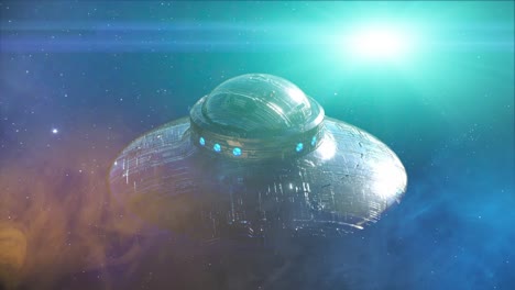 ufo-flying-saucer-on-dark-background.-3d-render