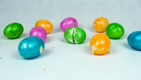 Broken-Decorated-eggs-during-Christian-festival-Pascha-or-Resurrection-Sunday-after-Traditional-Easter-game-egg-jarping-competition,-cracked-shell