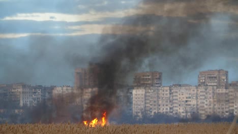 Caña-ardiente-con-lenguas-de-fuego-en-el-muelle-de-Dnipro-por-la-noche-en-slo-mo