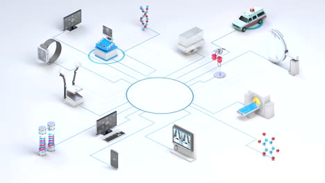 Varios-dispositivos-de-atención-médica-inteligentes,-equipo-médico-que-conecta-la-red-IoT.-escáner-de-resonancia-magnética,-ct,-rayos-X.-4k.