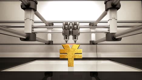 3D-printer-making-Yen-money-gold-currency-sign,-3D-scanner