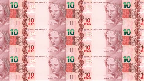 Serie-de-billetes-de-diez-reales-del-Banco-de-Brasil-rodando-en-la-pantalla,-monedas-del-mundo,-dinero-en-efectivo,-lazo