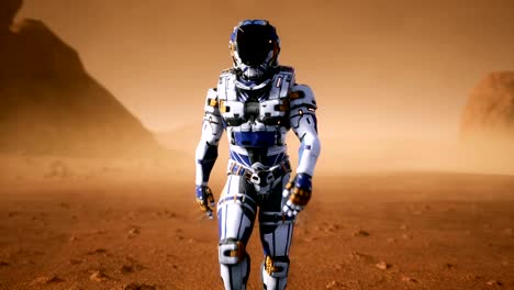 Astronaut-geht-auf-der-Oberfläche-des-Mars-durch-einen-Staubsturm.-Panoramalandschaft-auf-der-Oberfläche-des-Mars.-Realistische-filmische-Animation.