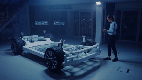 Automobil-Ingenieur-arbeitet-auf-Elektro-Auto-Chassis-Plattform,-mit-Tablet-Computer-Augmented-Reality-mit-3D-CAD-Software-Modellierung.-Innovative-Anlage:-Fahrzeugrahmen-mit-Rädern,-Motor,-Batterie