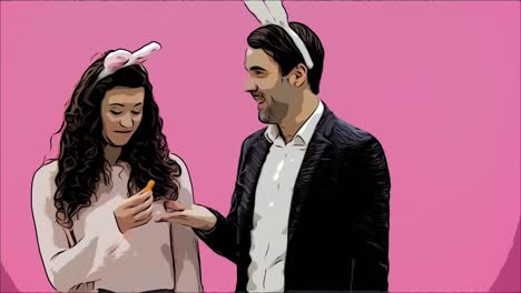 Young-couple-are-beautiful-on-pink-background.-During-this-time,-they-are-dressed-in-rabble-ears.-Looking-at-each-other,-speaking-and-smiling,-behave-like-rabbits.-Surrendering-leaves-the-frame.