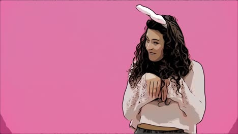 Beautiful-young-girl-standing-on-a-pink-background.-During-this,-there-are-ears-of-rabbits-on-the-head.-Performs-rabbit-rhythmic-jumps.-Has-beautiful-black-long-hair.