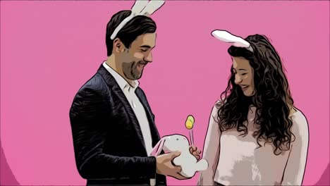 Young-sexy-couple-on-pink-background.-With-hackneyed-ears-on-the-head.-During-this-man-gives-a-soft-toy-hare-and-colored-decorative-eggs-to-his-wife.-Having-kissed-looking-at-the-camera.-Easter.-Animation.