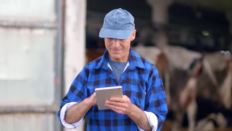 Agriculture-Business.-Farmer-using-digital-tablet-while-looking-at-cows