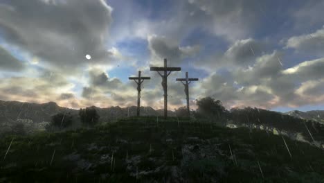 Jesus-on-cross,-timelapse-sunset,-raining