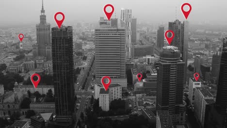 Aerial-shot-of-Warsaw-city-center-with-localization-icons.