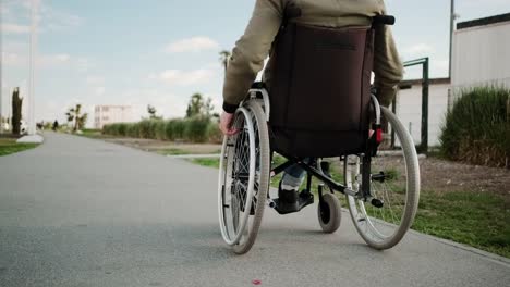 Disabled-man-in-a-wheelchair-is-moving-over-summer-street,-back-view