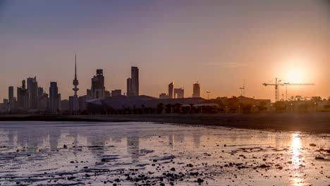 Seaside-skyline-of-Kuwait-city-sunrise-timelapse