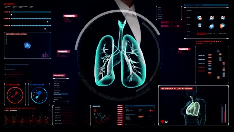 Geschäftsfrau-berühren-digitalen-Bildschirm,-Rotierende-menschliche-Lunge,-Lungendiagnostik.