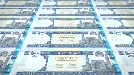 Banknotes-of-five-hundred-afghani-of-the-bank-of-Afghanistan-rolling-on-screen,-coins-of-the-world,-cash-money,-loop