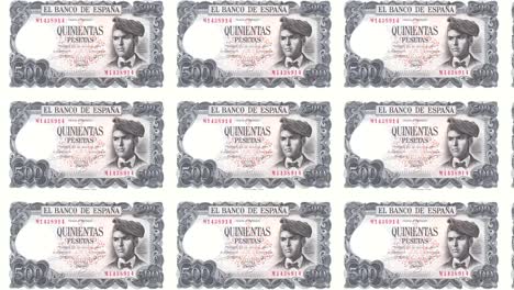 Banknotes-of-five-hundred-spanish-pesetas-of-the-bank-of-Spain-rolling-on-screen,-coins-of-the-world,-cash-money,-loop