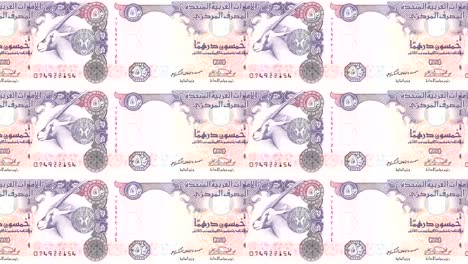 Banknotes-of-fifty-dirhams-arabs-rolling-on-screen,-cash-money,-loop