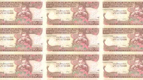 Banknotes-of-ten-Ethiopian-birr-of-Ethiopia-rolling,-cash-money,-loop