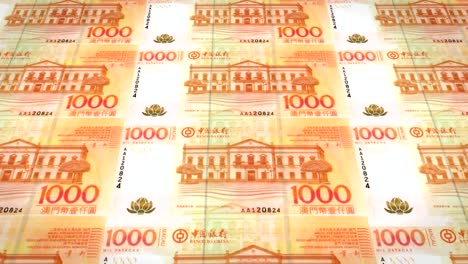 Banknotes-of-one-thousand-macanese-patacas-of-Macau-rolling,-cash-money,-loop