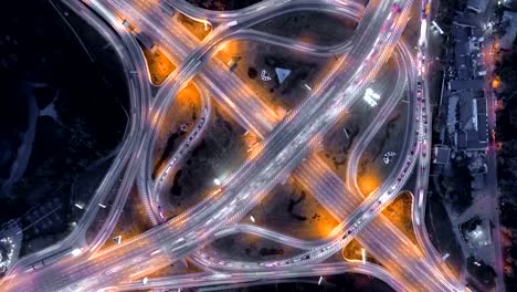 Hyperlapse-timelapse-of-night-city-traffic.-Kiev,-Ukraine.-vertical-aerial-view.