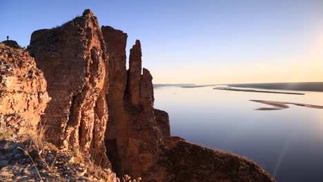 On-the-top-of-Lena-Pillars-at-sunset,-Sakha-Republic