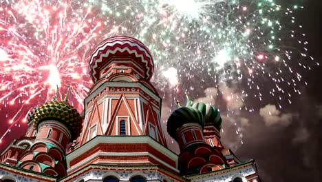 Cathedral-of-Intercession-of-Most-Holy-Theotokos-on-the-Moat-(-Temple-of-Basil-the-Blessed)-and-fireworks,--Red-Square,-Moscow,-Russia