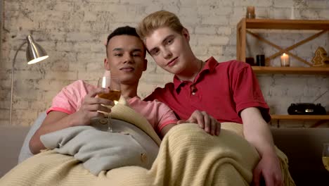 Multinational-gay-couple-sitting-on-couch-covered-with-a-warm-blanket,-look-at-the-camera.-Homeliness,-romantic-evening,-background,-hugs,-happy-LGBT-family-concept.-60-fps